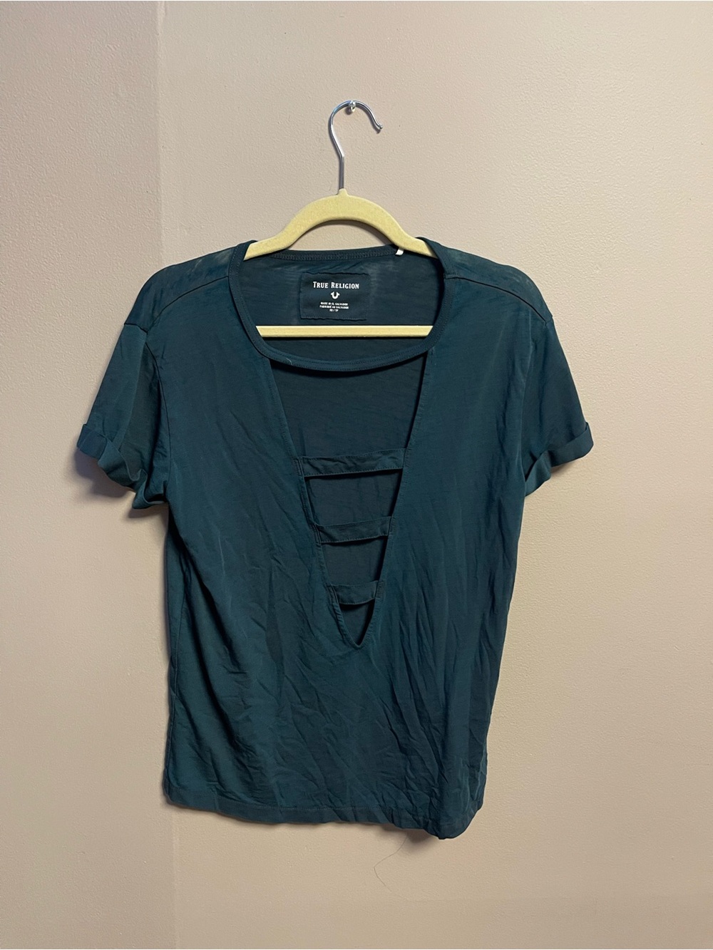 True Religion Short Sleeve Deep V Ladder Top in Teal Green Size XS